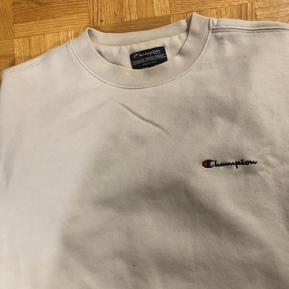 Champion Men’s Cream Crewneck Sweatshirt with Embroidered Logo